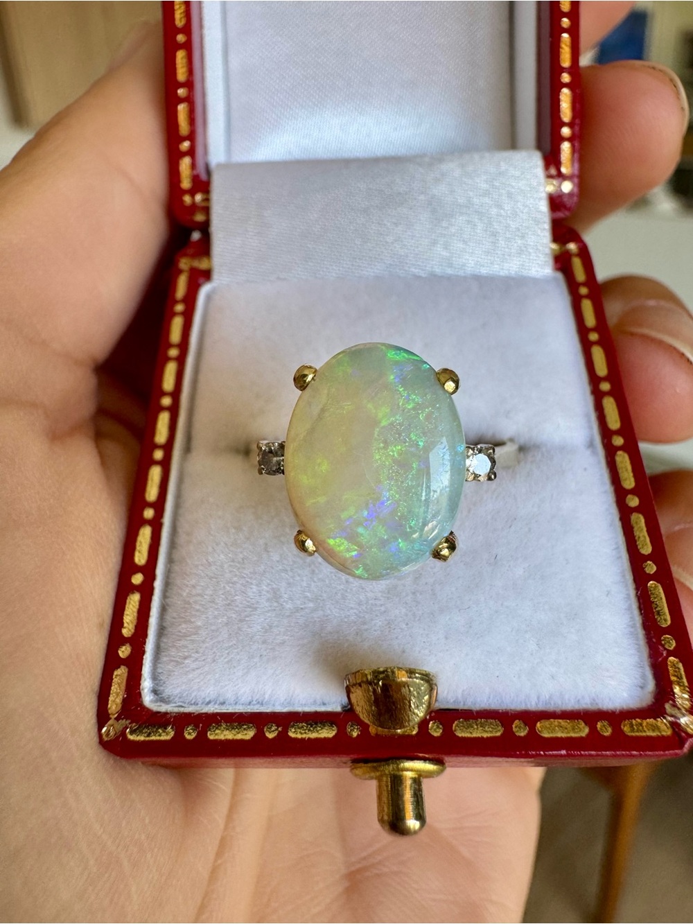 Vintage 14K Gold Australian Opal & Natural Diamond Ring Size 6.5 - Picture 10 of 12